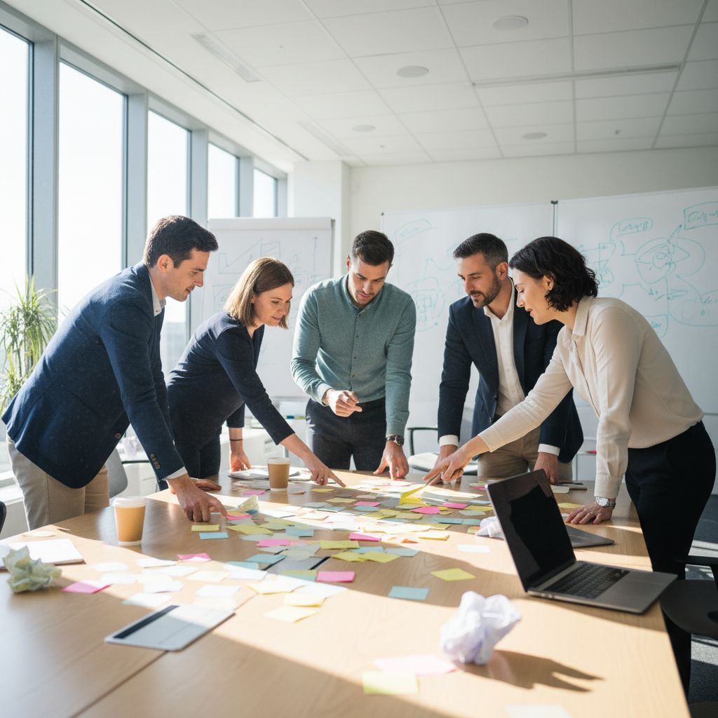 Une équipe créative discute autour d'une grande table, planifiant les détails d'un événement sur des post-it et des schémas. L'ambiance est collaborative et dynamique.