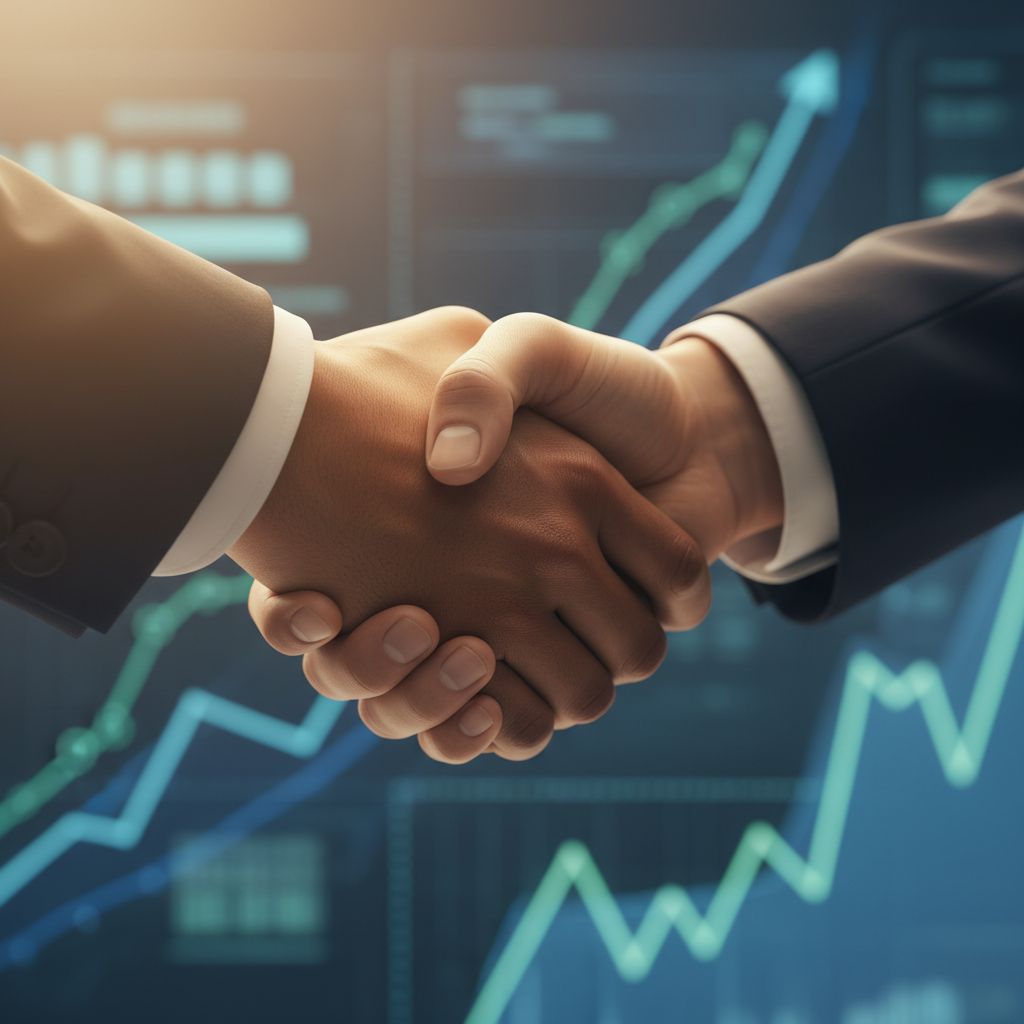 Image symbolique de deux mains se serrant la main, avec en arrière-plan des graphiques et des données stylisées représentant le succès et la croissance d'un projet commun. L'image évoque la confiance et la collaboration à long terme.