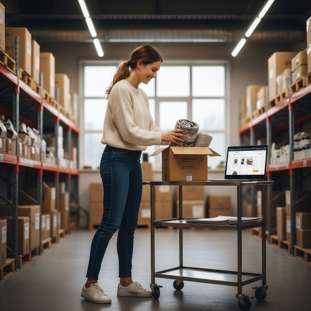 Une e-commerçante souriante dans son entrepôt, en train de préparer une commande. Son ordinateur portable affiche sa boutique PrestaShop, un bel exemple de réussite pour une PME.