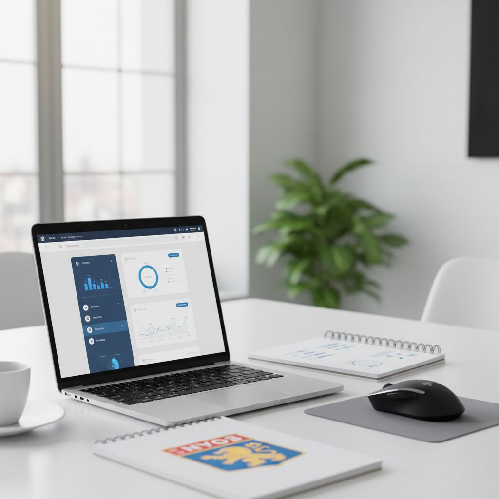 Un bureau moderne avec un ordinateur portable affichant le back-office de PrestaShop, le logo de Lyon visible sur un carnet à côté, symbolisant la planification d