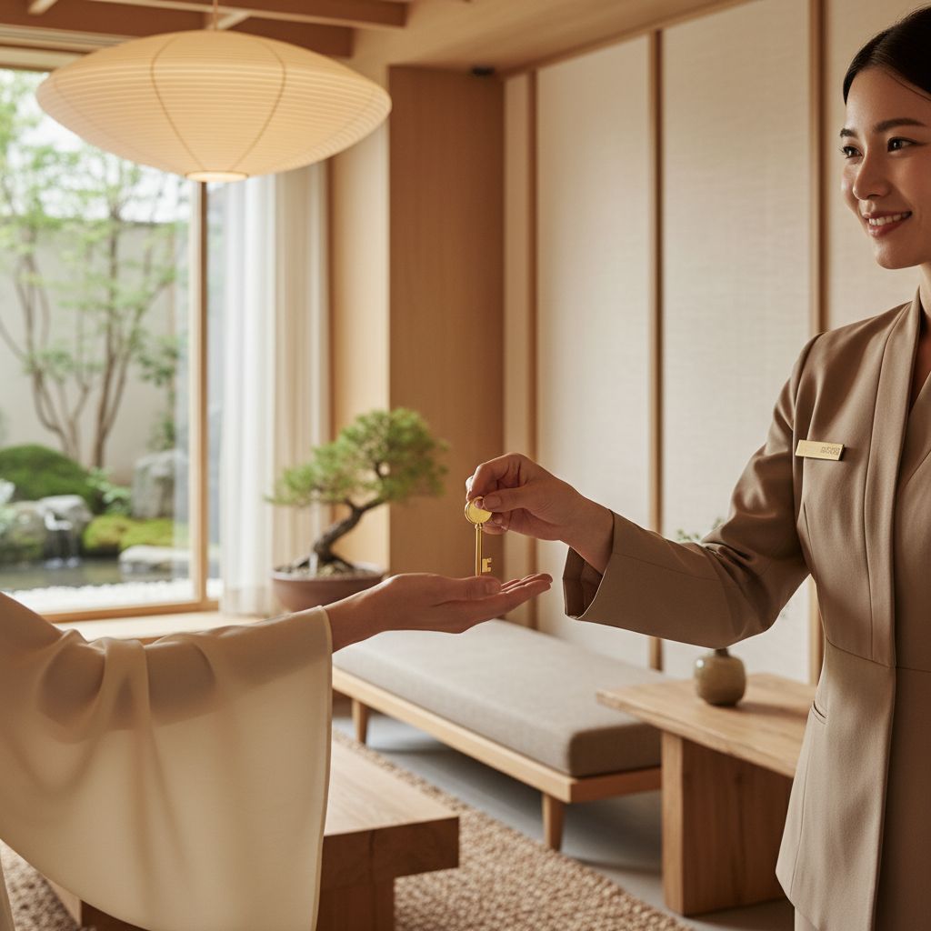 Une personne élégante remettant une clé dorée à une autre main, symbolisant le service de conciergerie premium dans un hall d