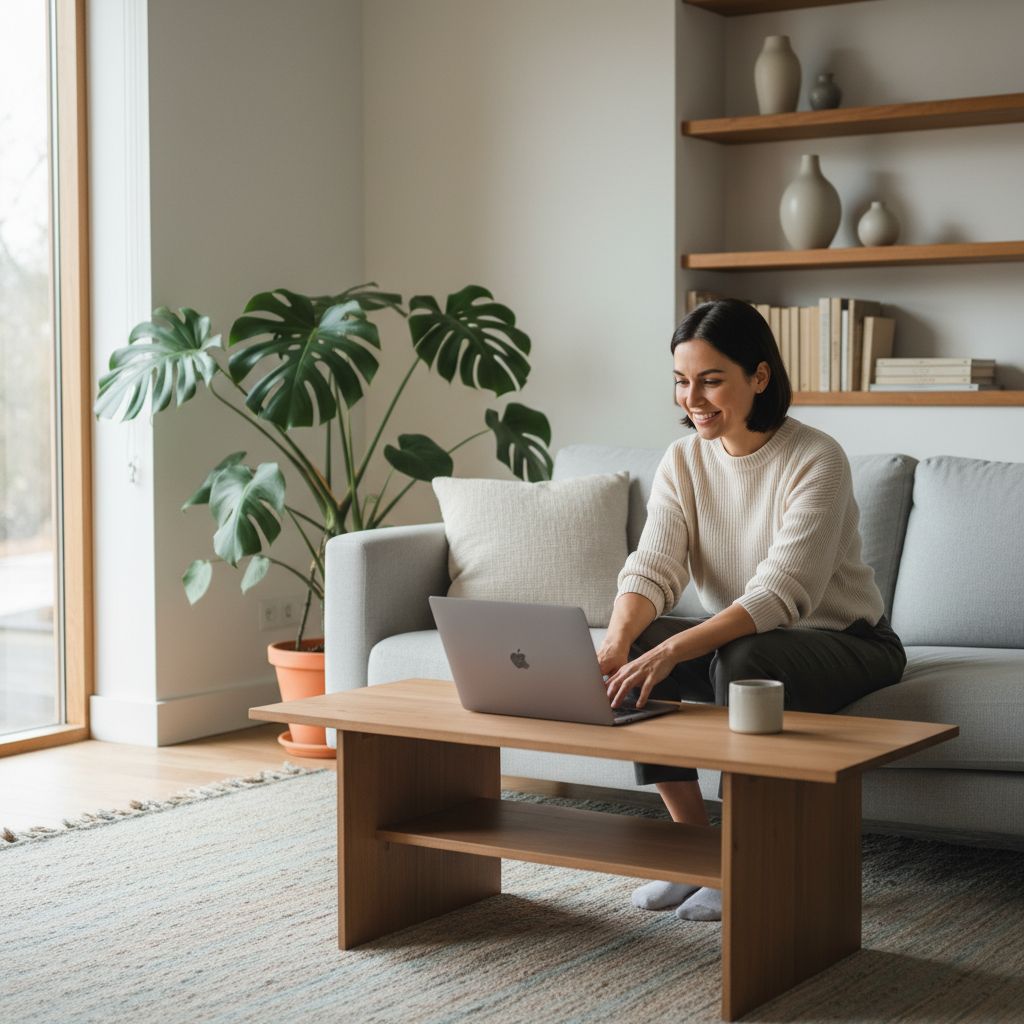 Un gestionnaire immobilier souriant travaillant sur son ordinateur portable dans un salon moderne et lumineux de style Japandi, avec une plante verte en arrière-plan.