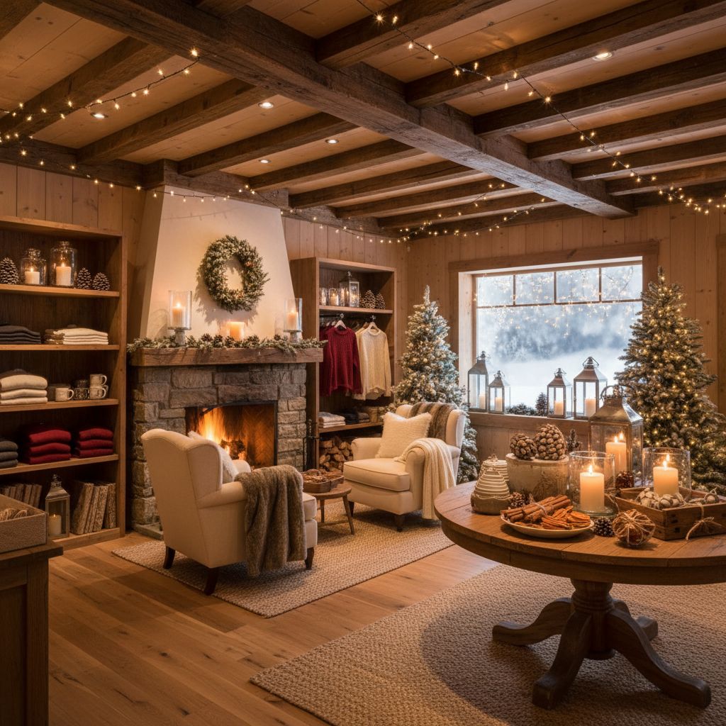 L'intérieur d'un magasin à l'ambiance hivernale et cosy, sublimé par des lumières chaudes, des touches de bois et une atmosphère vraiment accueillante.