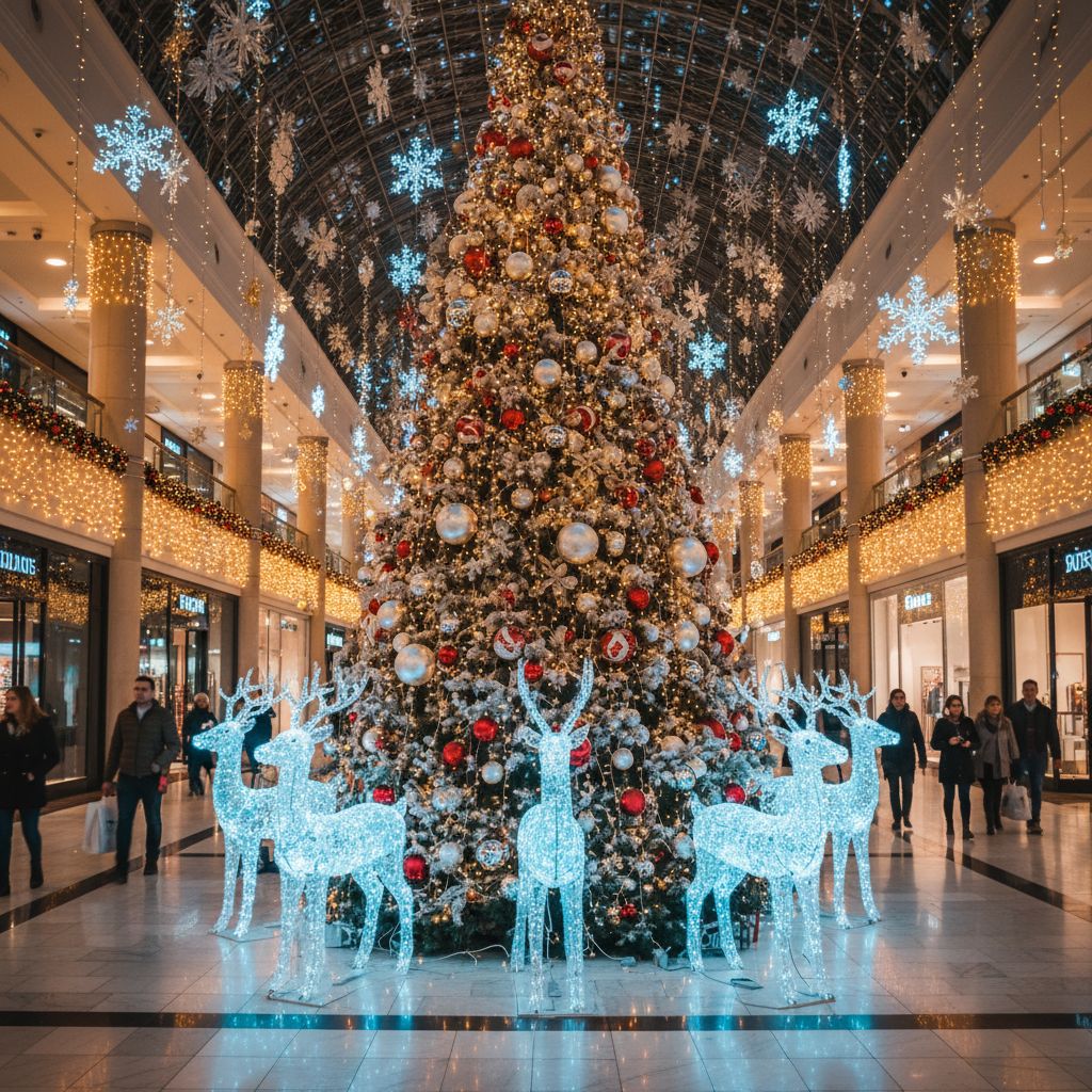 Scène de Noël détaillée et magique à l'intérieur d'un centre commercial, avec un grand sapin décoré, des rennes lumineux et des flocons de neige suspendus.