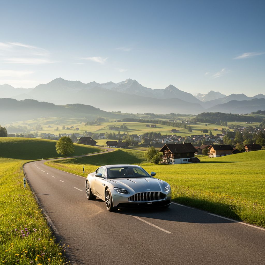 Une belle voiture qui file sur une route de campagne suisse, l