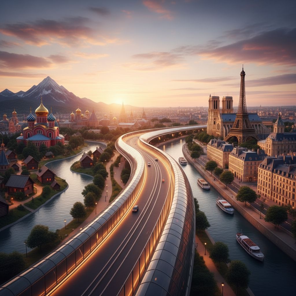 Image symbolique d'un pont connectant la culture russe et française, illustrant le concept de traduction linguistique.