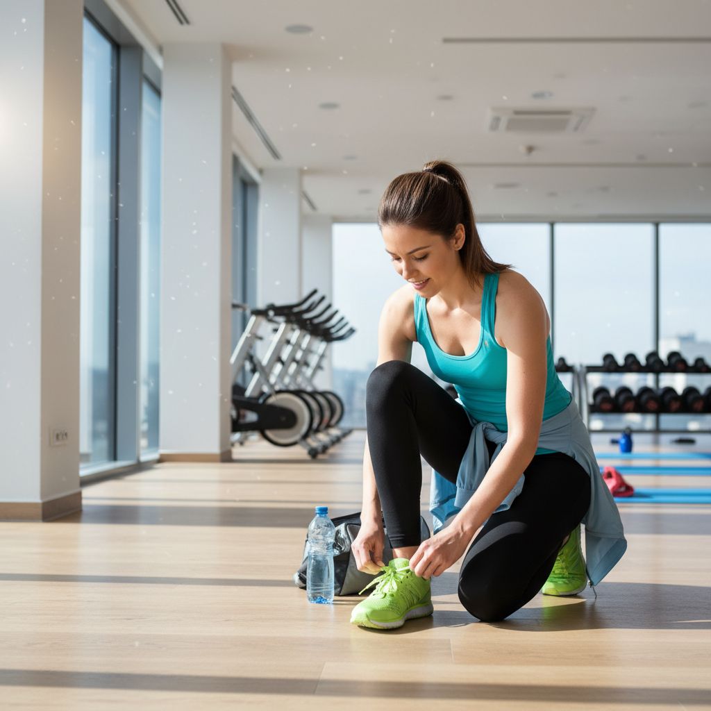 Une femme déterminée laçant ses chaussures de sport, prête à commencer son entraînement dans un environnement de salle de sport moderne et lumineux.