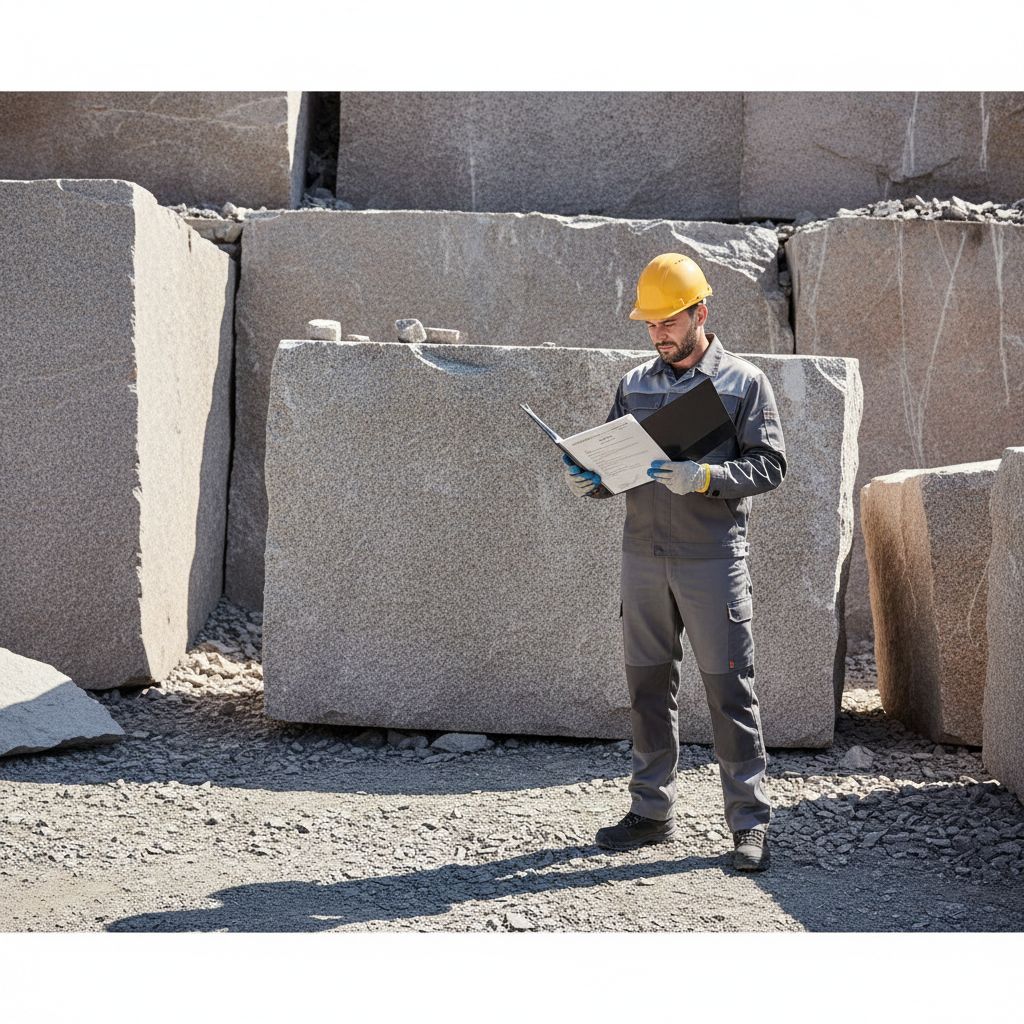 Un contremaître sur une carrière de granit ensoleillée, examinant des documents de certification, avec en arrière-plan des blocs de pierre brute.