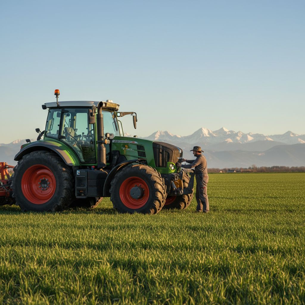 Un agriculteur inspectant un tracteur moderne dans un champ verdoyant de Haute-Garonne, avec les Pyrénées en arrière-plan sous un ciel clair.
