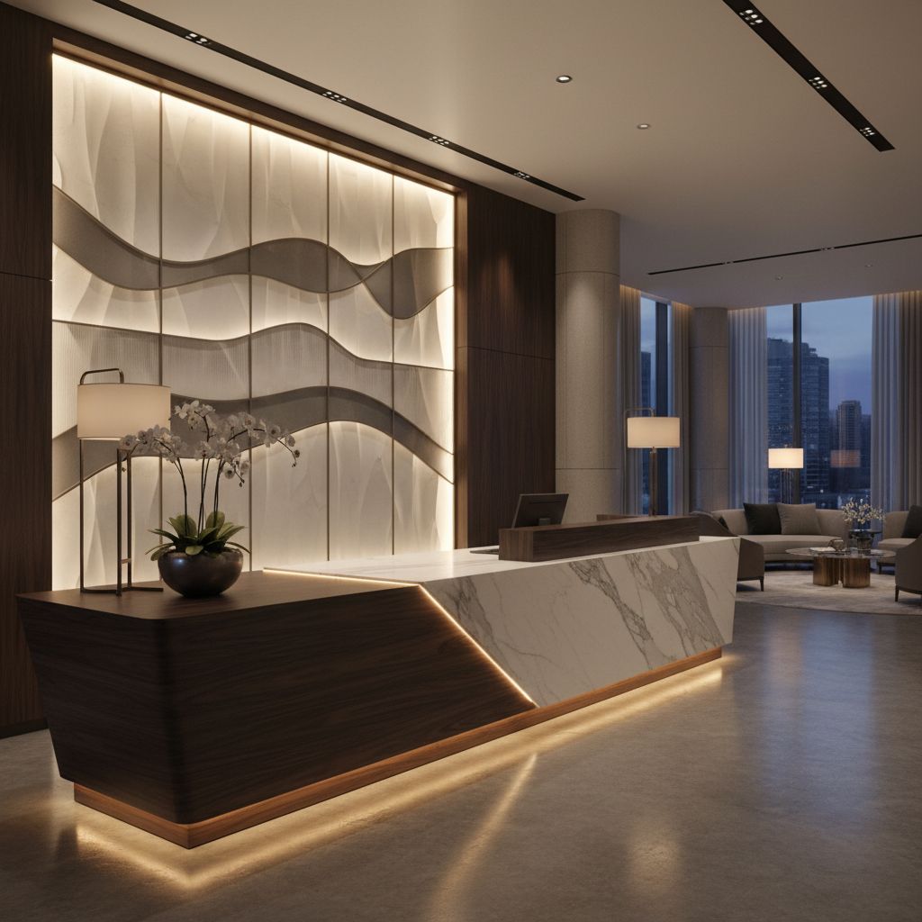 Un impressionnant desk de réception sur mesure, alliant marbre et bois sombre, trône dans un lobby d