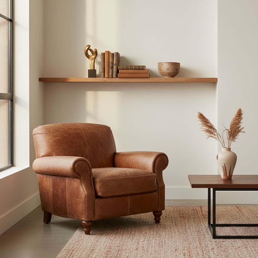 Un aperçu de salon chic où un fauteuil vintage en cuir dialogue avec une table basse moderne, le tout rehaussé d'objets déco uniques sur une étagère.