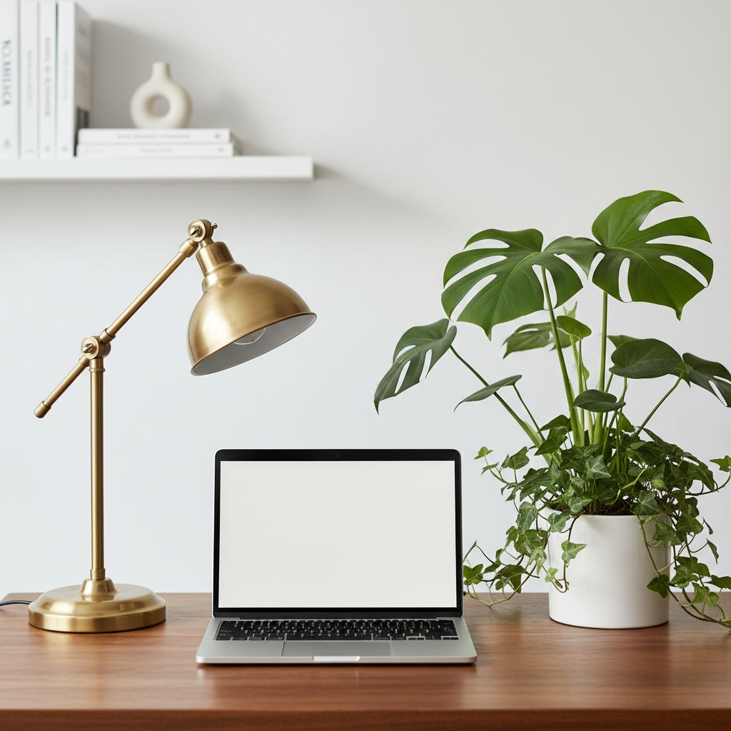 Un bureau de travail magnifiquement organisé avec une lampe de bureau vintage en laiton, un ordinateur portable moderne et des plantes vertes.