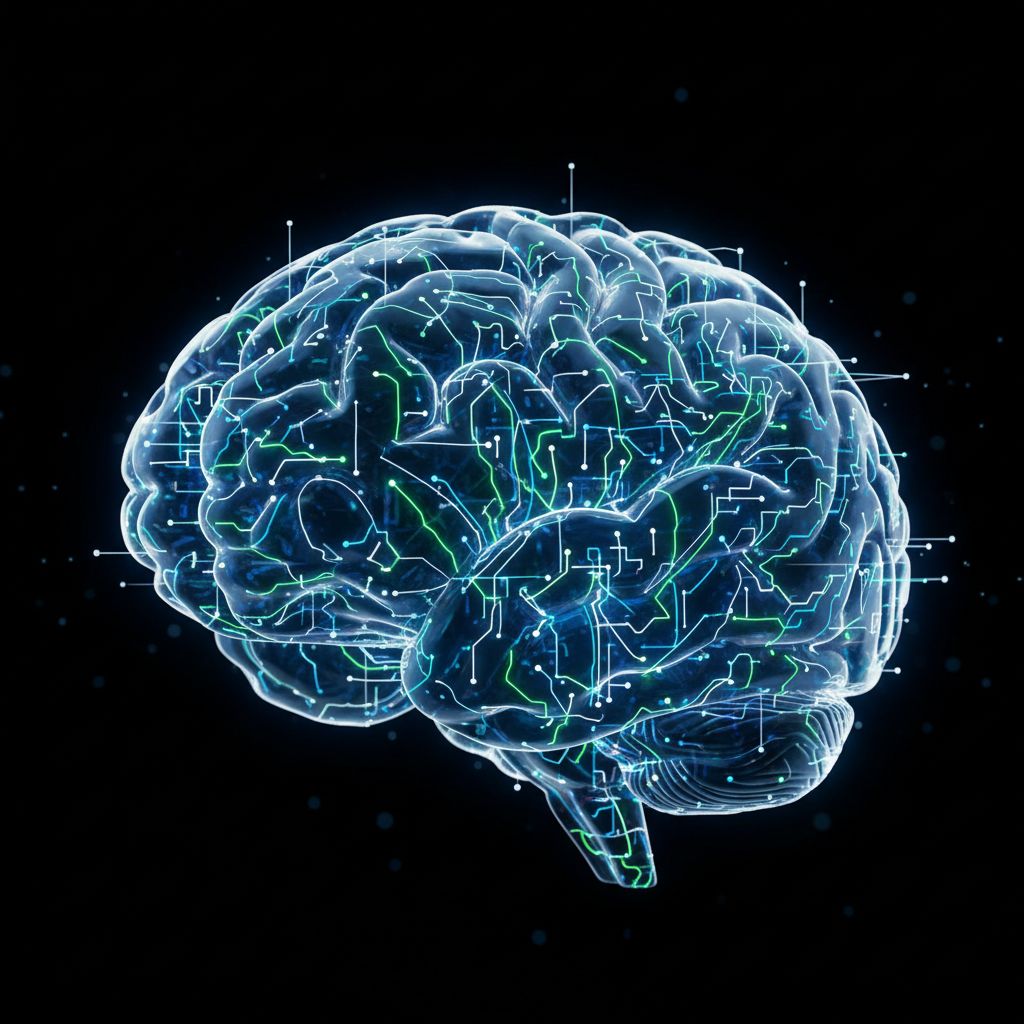 Un cerveau humain stylisé avec des circuits lumineux connectés, représentant un 'second cerveau' numérique et intelligent.