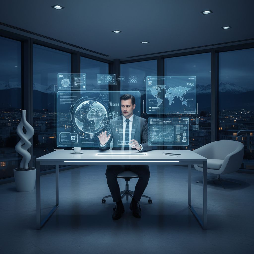 Un entrepreneur suisse travaillant tard dans un bureau moderne et minimaliste à Genève, avec des interfaces holographiques flottant autour de son poste de travail.