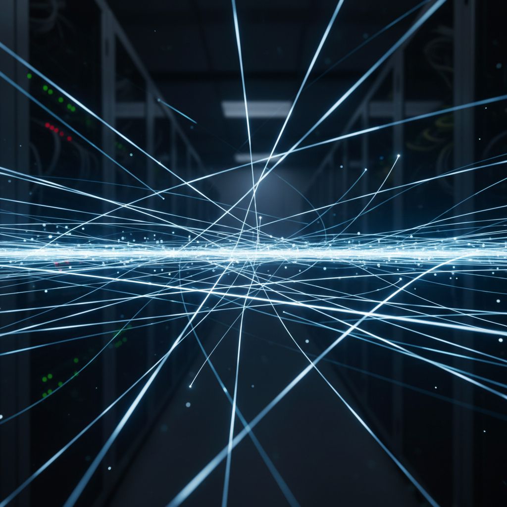 An abstract, futuristic image with lines of light that look like data, zipping through a digital network. This represents the fast crawling and indexing from search engine bots.