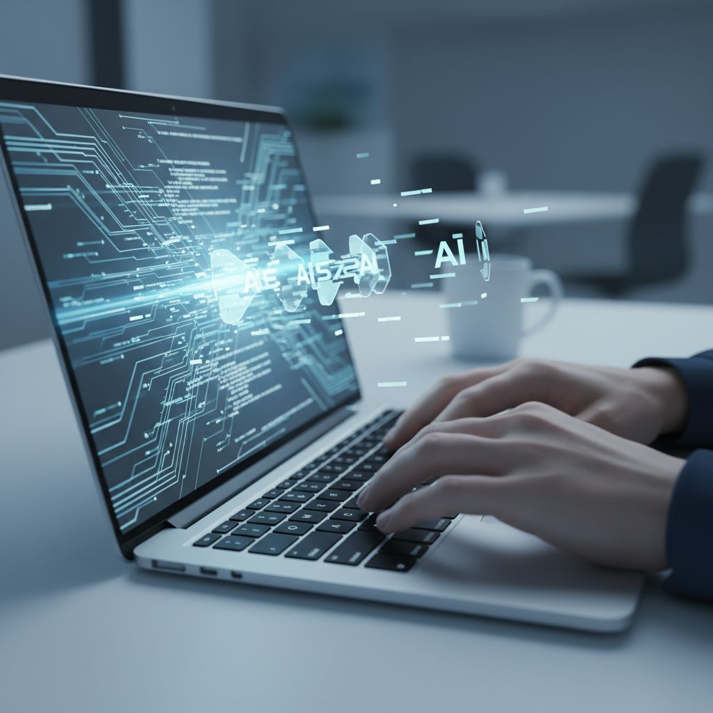 A close-up shot of a writer's hands flying across a laptop keyboard, with glowing lines of code and text materializing on the screen to show AI-assisted content creation in action.