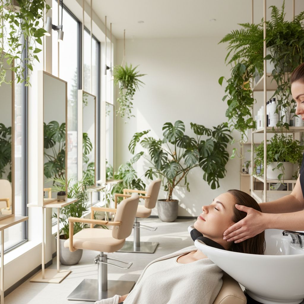 Une femme sereine aux yeux clos profite d'un massage du cuir chevelu dans un salon de coiffure moderne et lumineux à Lausanne, rempli de plantes vertes.