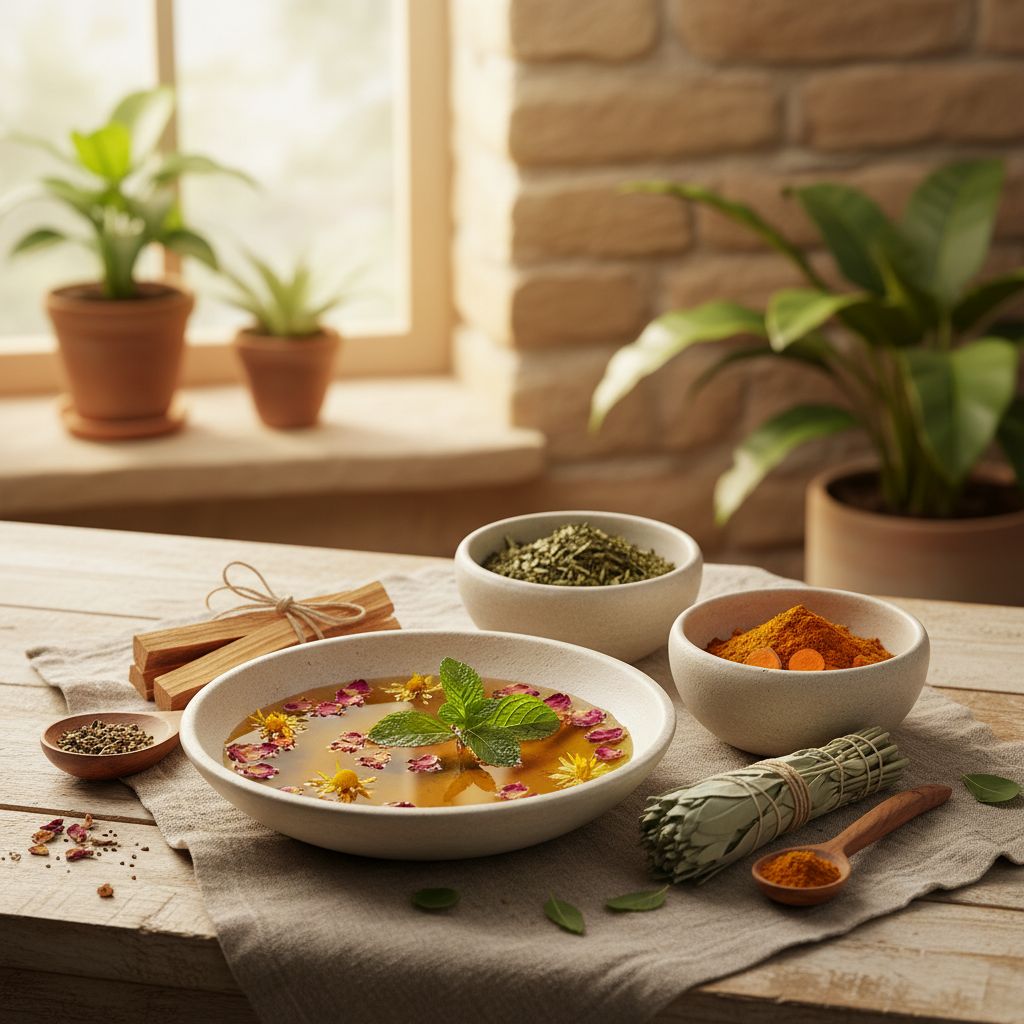 Des bols en céramique remplis d'huiles essentielles et d'herbes, une image qui respire les soins ayurvédiques et l'ambiance spa.