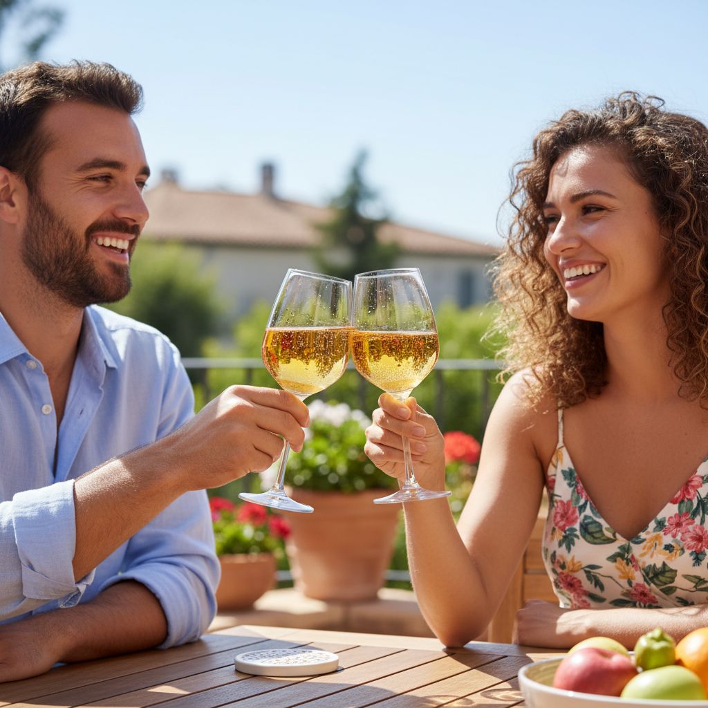 L'image parfaite du style de vie qu'on adore : deux amis qui trinquent avec une boisson pétillante sur une terrasse ensoleillée, en toute décontraction.