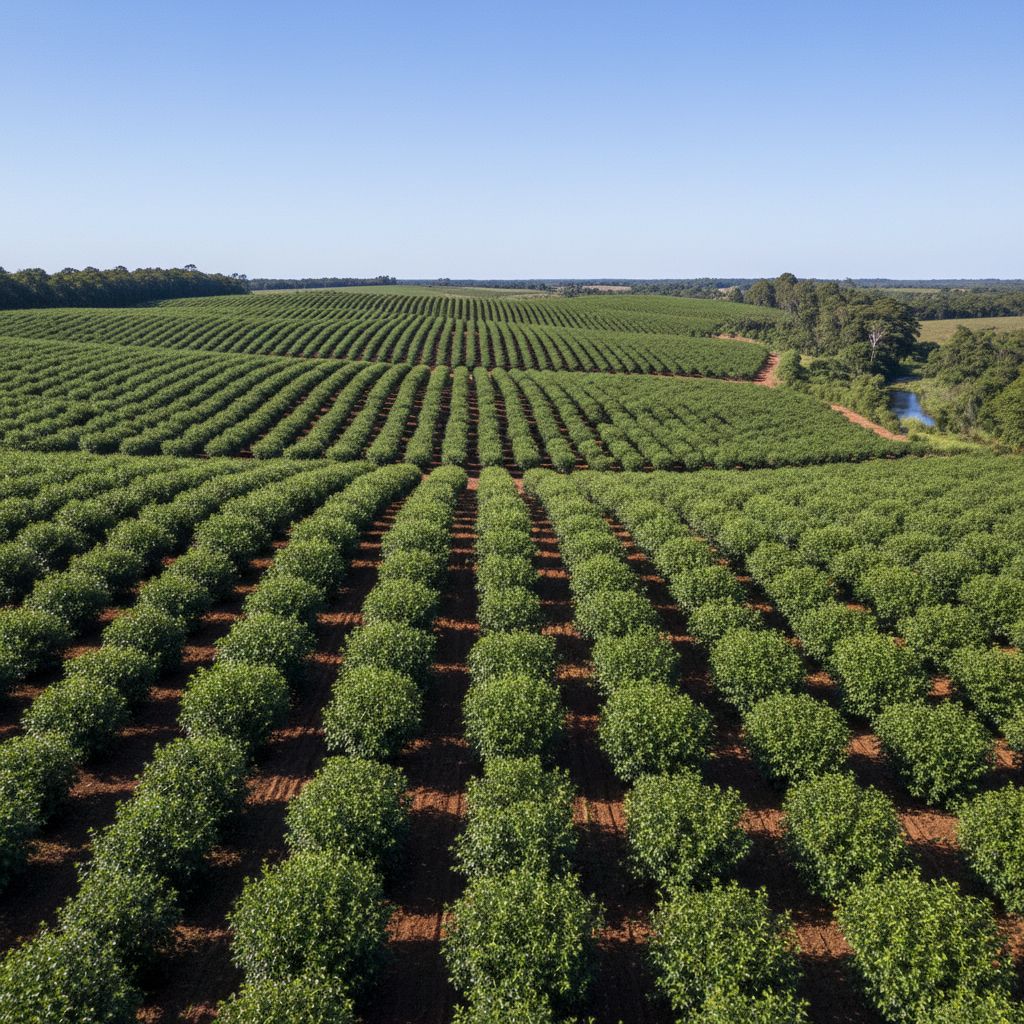 Vue aérienne d'une ferme de yerba maté en Argentine, avec des rangées de plantes vertes luxuriantes sous un ciel bleu clair, illustrant la source naturelle et biologique des ingrédients.