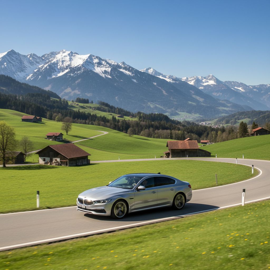 Une voiture moderne et propre roulant sur une route de campagne suisse ensoleillée, évoquant le trajet agréable entre Lausanne et Payerne.