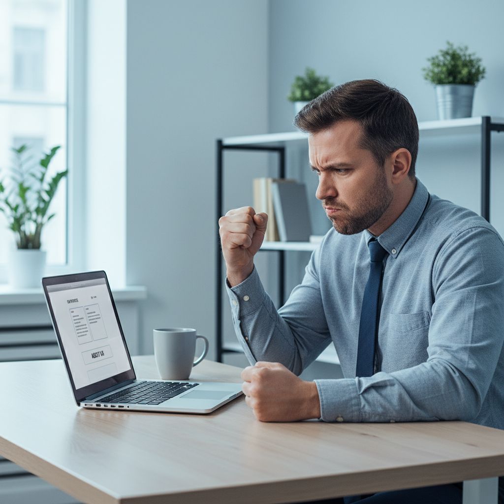 A frustrated business owner staring at a generic-looking website on their laptop, trying to customize it.