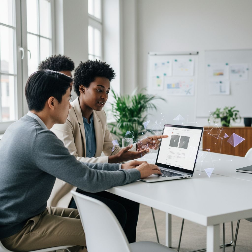 An abstract digital art piece showing human creativity and AI blending together for web design.