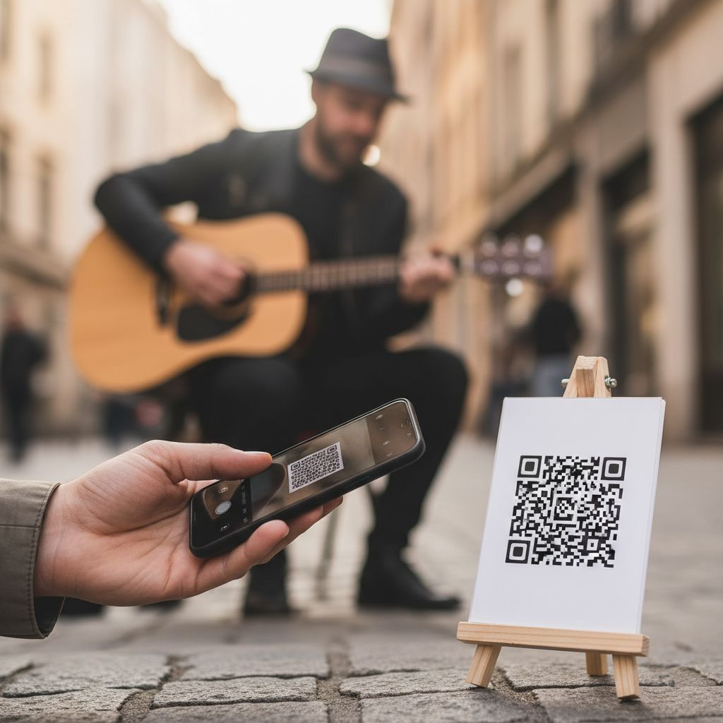 Close-up of a phone scanning a QR code on a small sign, with a street performer blurred in the background.