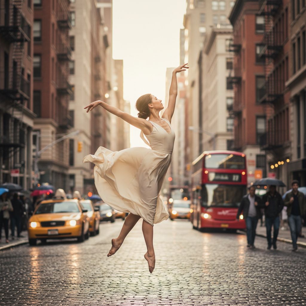 A dancer lost in the moment, performing on a busy NYC street, with the city's energy creating a vibrant, blurred backdrop.