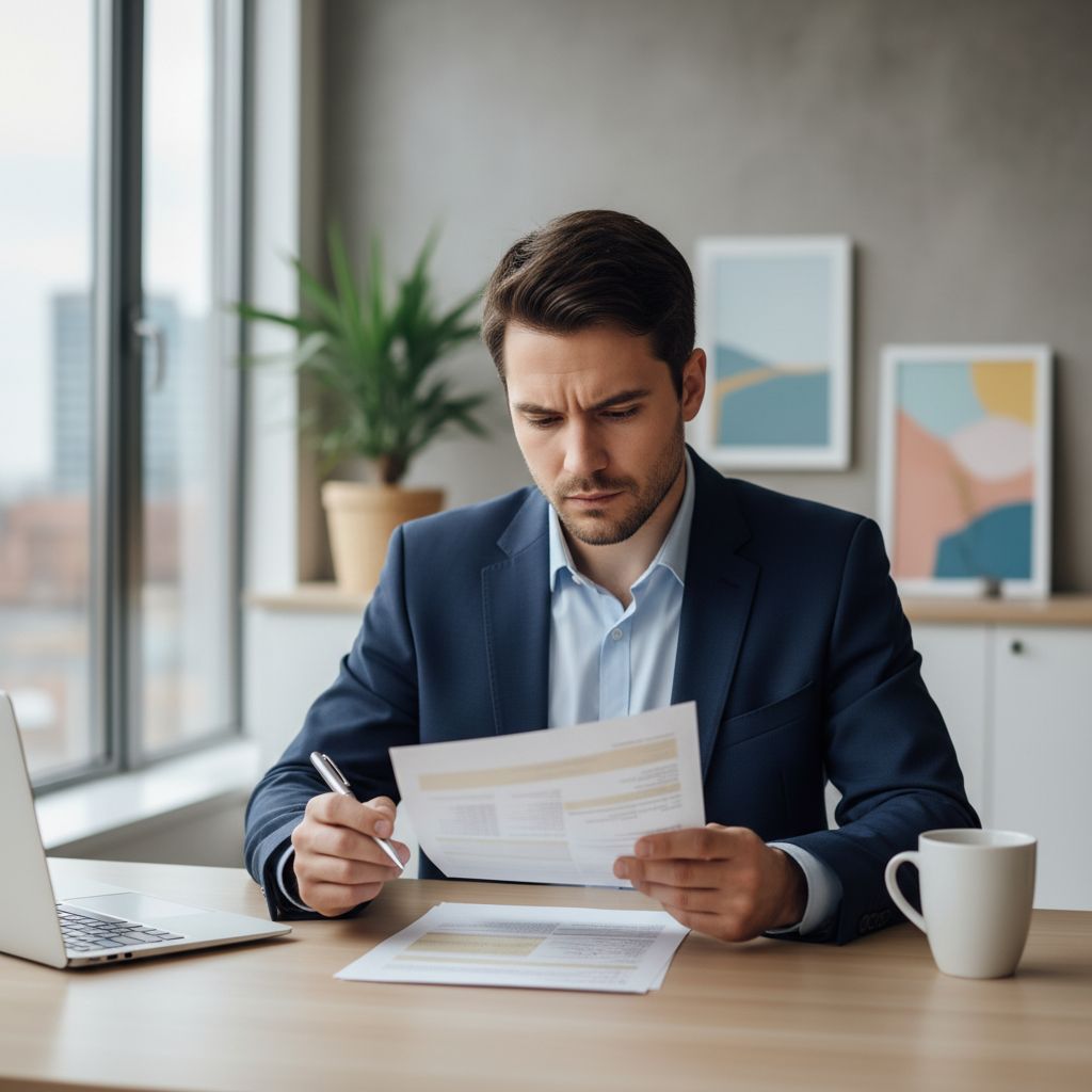 Une personne assise à un bureau, examinant attentivement un document qui ressemble à un devis ou un contrat, avec un stylo à la main.