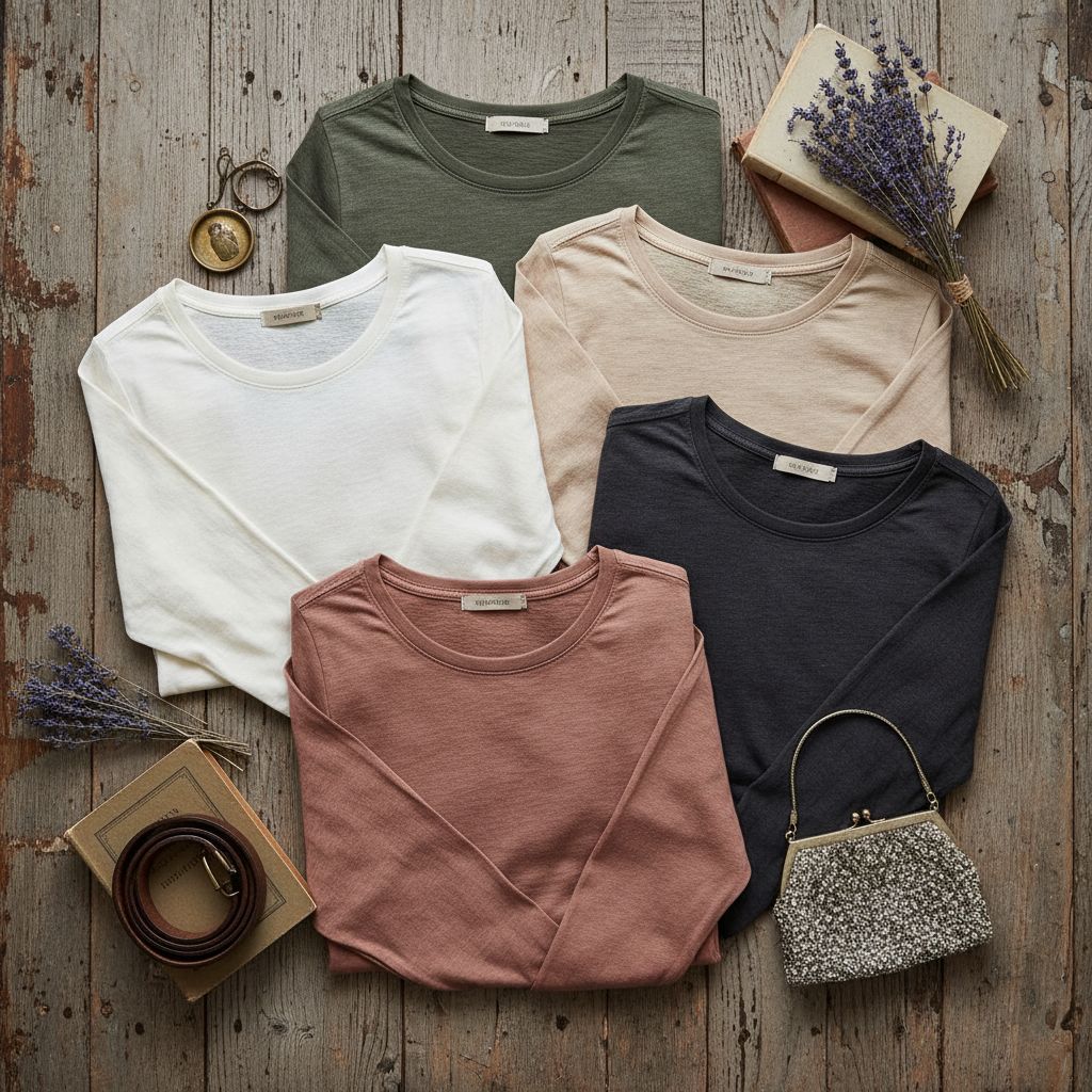 Une photo vue de dessus, très artistique : plusieurs t-shirts à manches longues pour femme, dans des tons naturels et des matières douces, sont disposés à côté d'accessoires vintage sur un fond en bois brut.