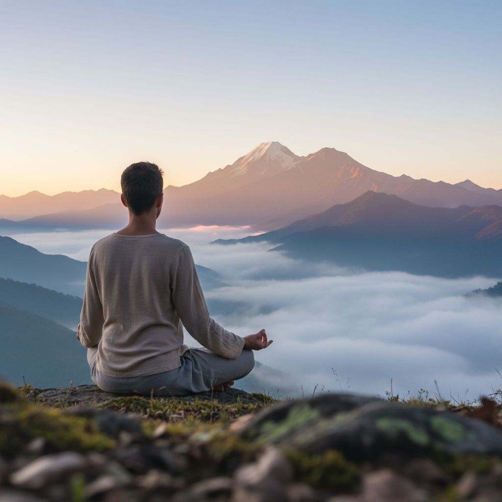 Quelqu'un en méditation face à des montagnes brumeuses, une image qui symbolise bien le voyage intérieur et la quête de clarté.
