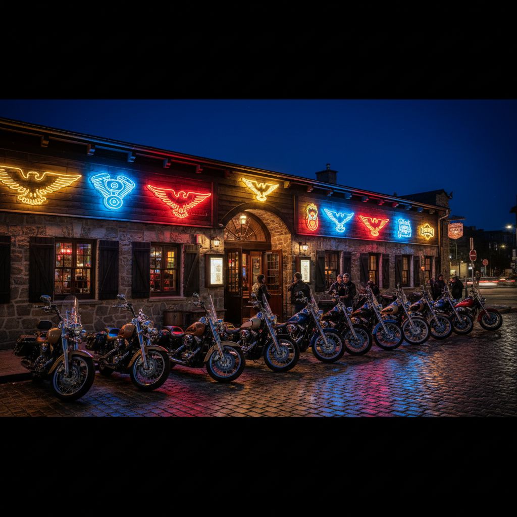 Vue extérieure d'un pub de style américain et biker la nuit, avec des néons et quelques motos garées devant, évoquant l'ambiance du Bonanza Pub.