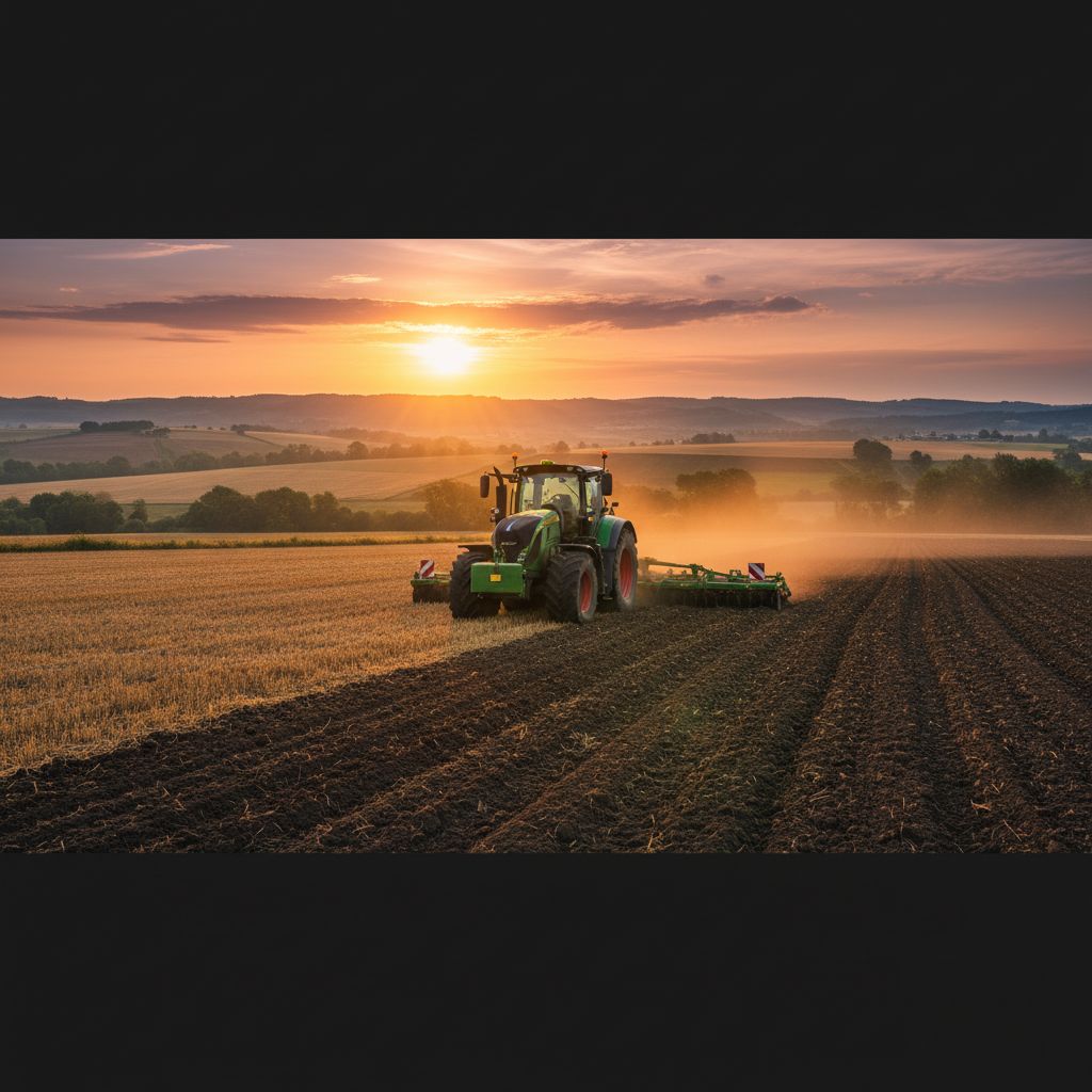 Un tracteur agricole moderne travaillant dans un champ au lever du soleil en Haute-Garonne, avec les collines en arrière-plan.