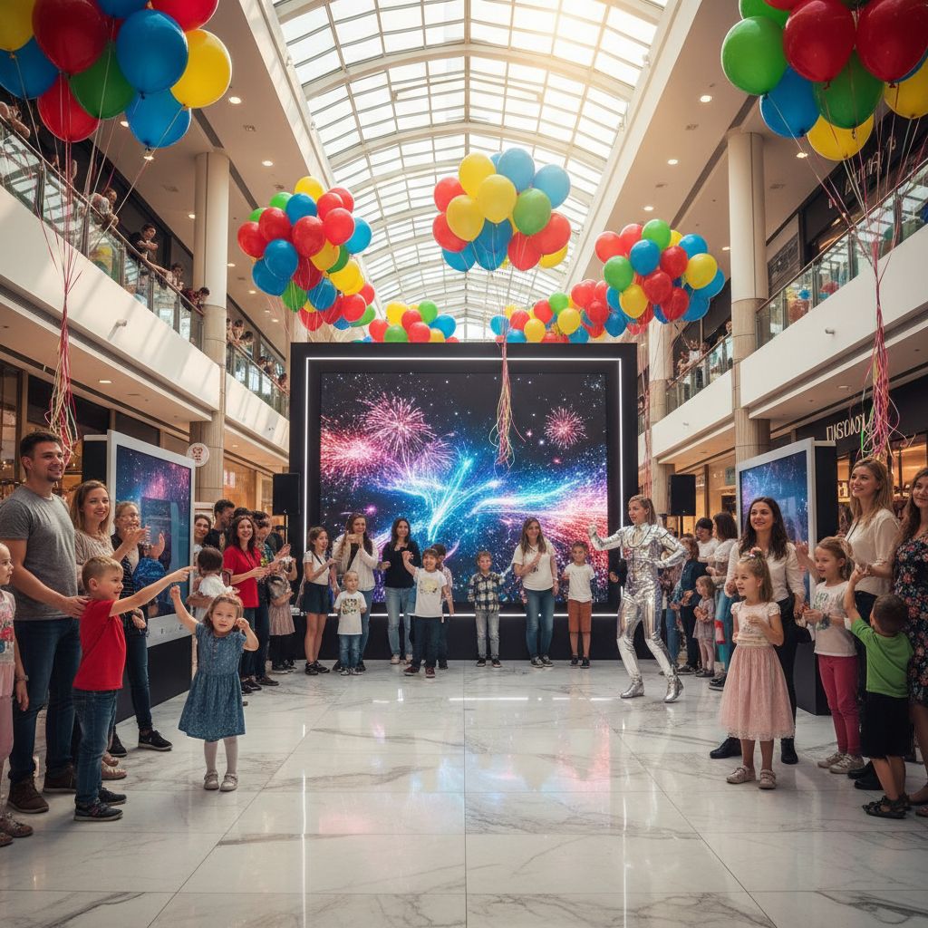 L'ambiance électrique d'un événement réussi dans un centre commercial : ballons, sourires et animations créent une expérience client inoubliable.