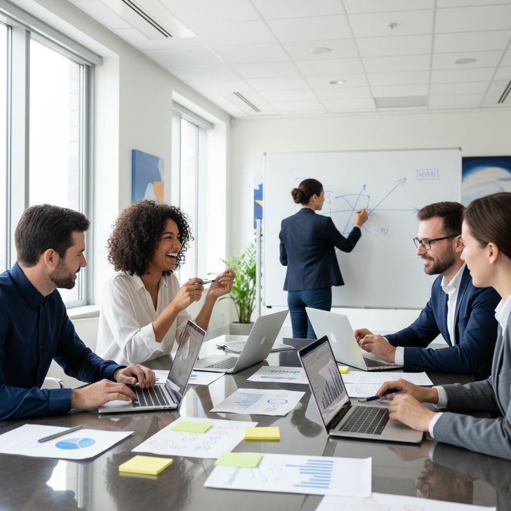 Une équipe qui brainstorme avec énergie autour d'une table, jonglant avec les ordinateurs et les notes pour bâtir une stratégie digitale.