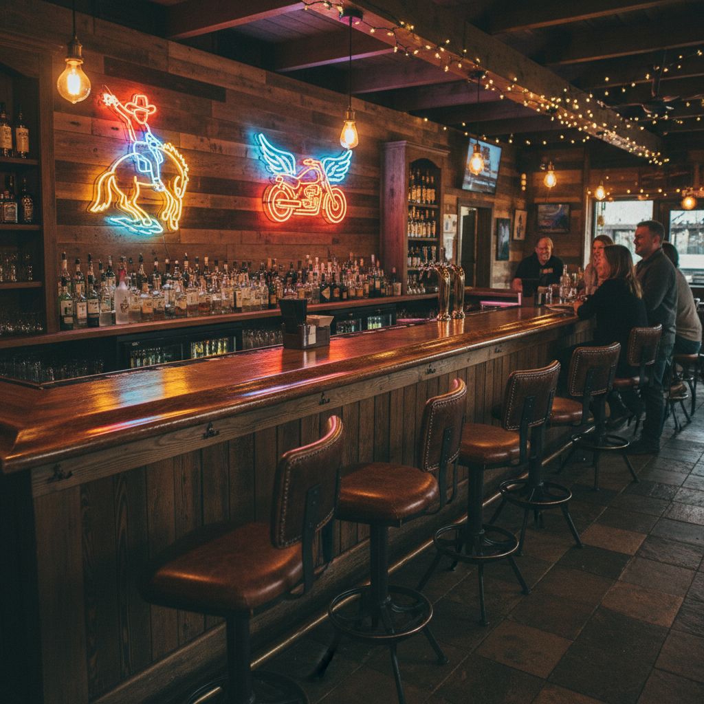 Vue intérieure du Bonanza Pub, montrant le bar en bois, des tabourets de bar, des néons au mur avec une thématique cowboy et moto, et une ambiance chaleureuse et animée.