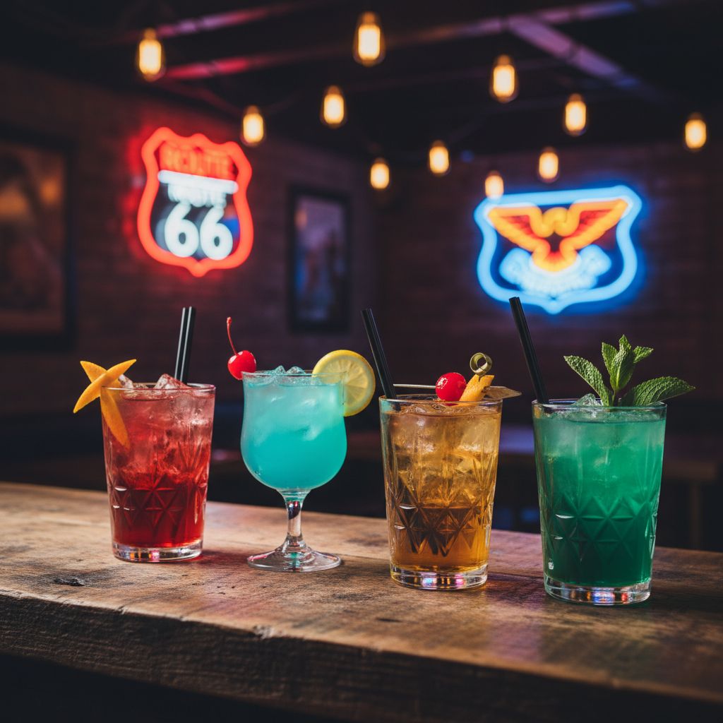 Plusieurs cocktails classiques et colorés alignés sur un comptoir en bois rustique, avec en arrière-plan flou l'intérieur d'un bar à l'ambiance américaine, éclairé par des néons.