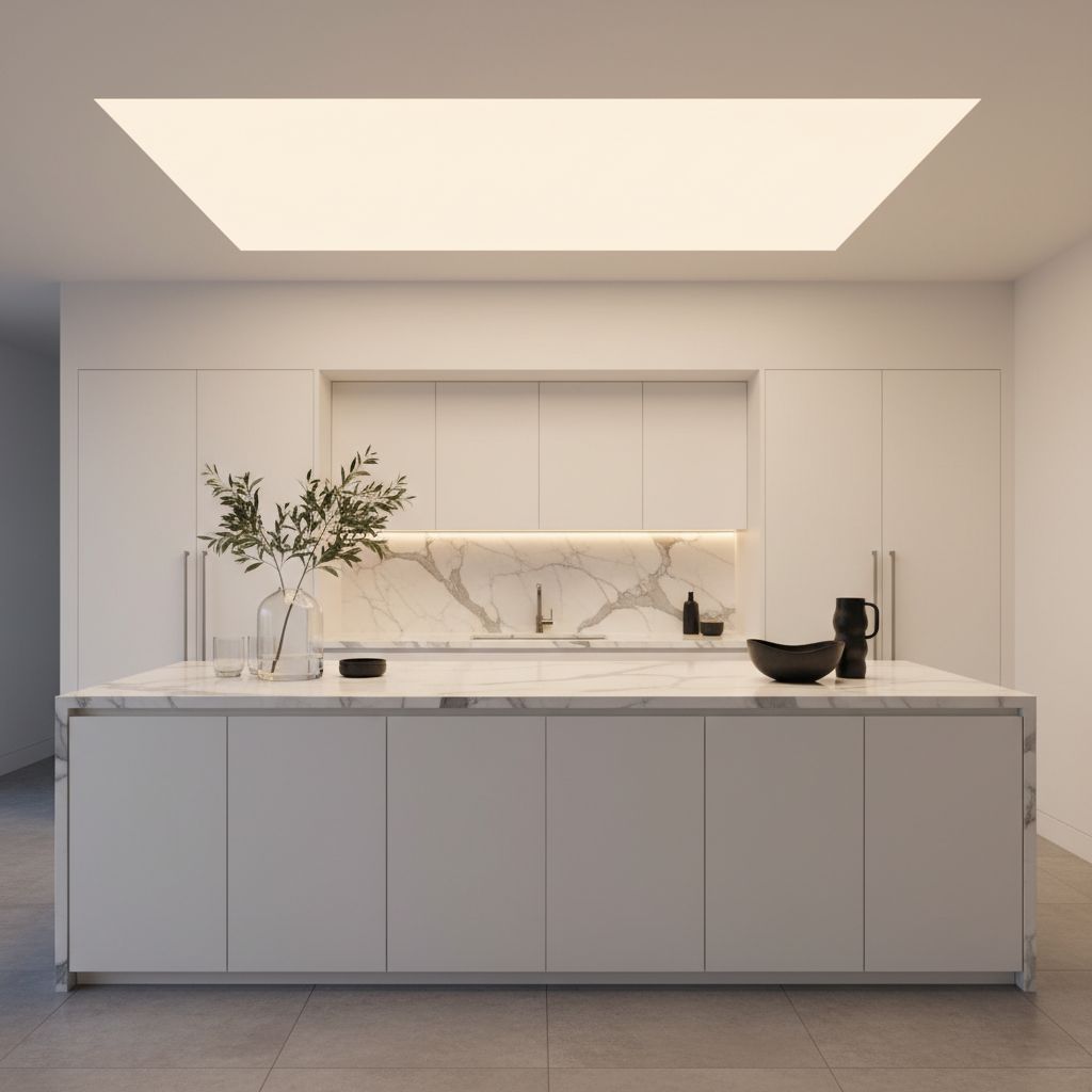 Une cuisine de luxe moderne avec un îlot central et des plans de travail en marbre blanc veiné de gris, reflétant l