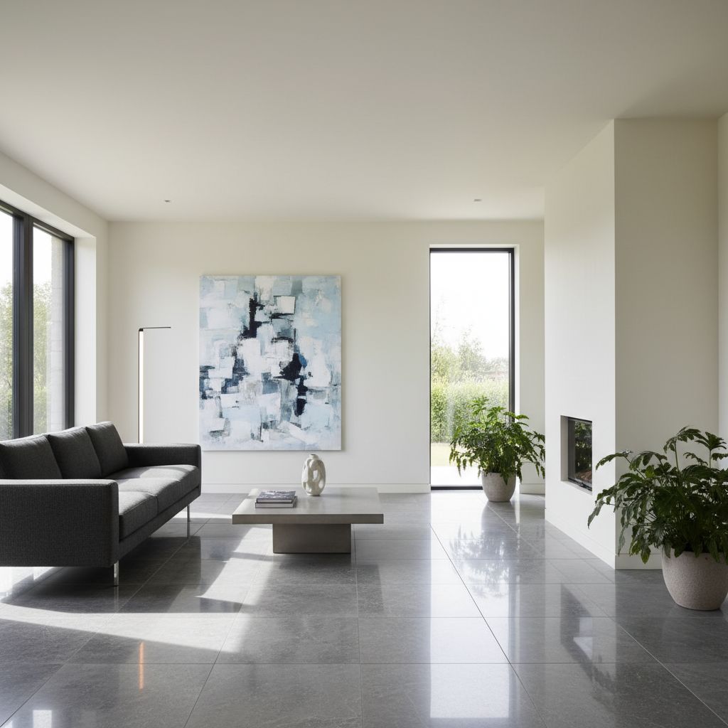 Un sol en grandes dalles de pierre naturelle grise dans un salon lumineux, qui donne une ambiance à la fois moderne et épurée.