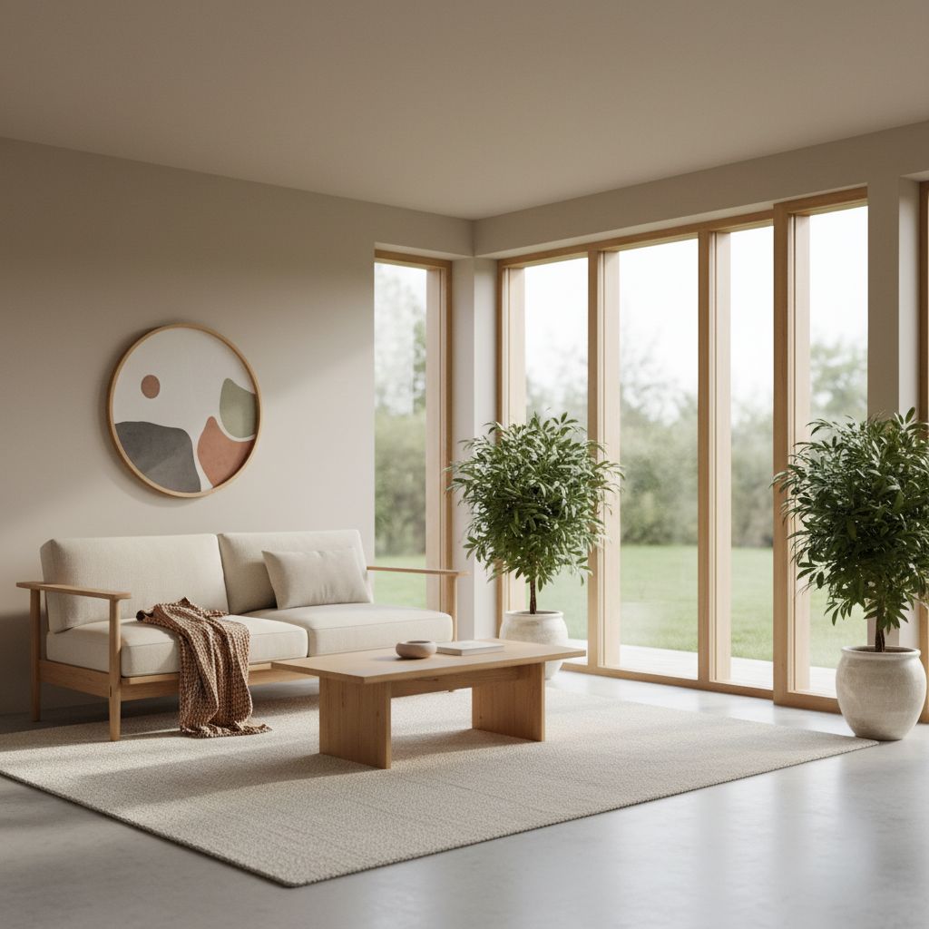 Un intérieur de salon élégant et épuré de style Japandi, avec des meubles en bois clair, des plantes et une lumière naturelle abondante, représentant un bien immobilier premium géré par une conciergerie.