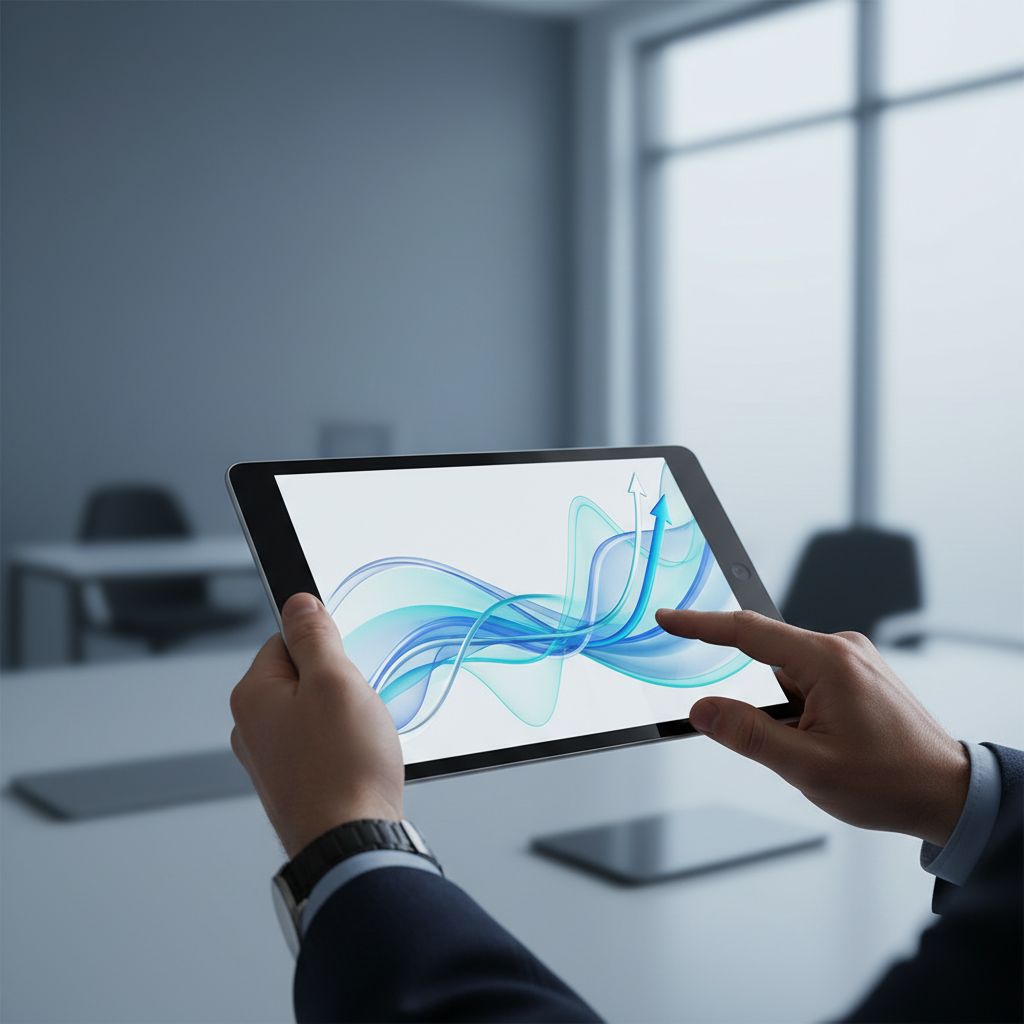 Un entrepreneur analyse des graphiques de croissance financière sur une tablette, avec en arrière-plan un bureau moderne et épuré.