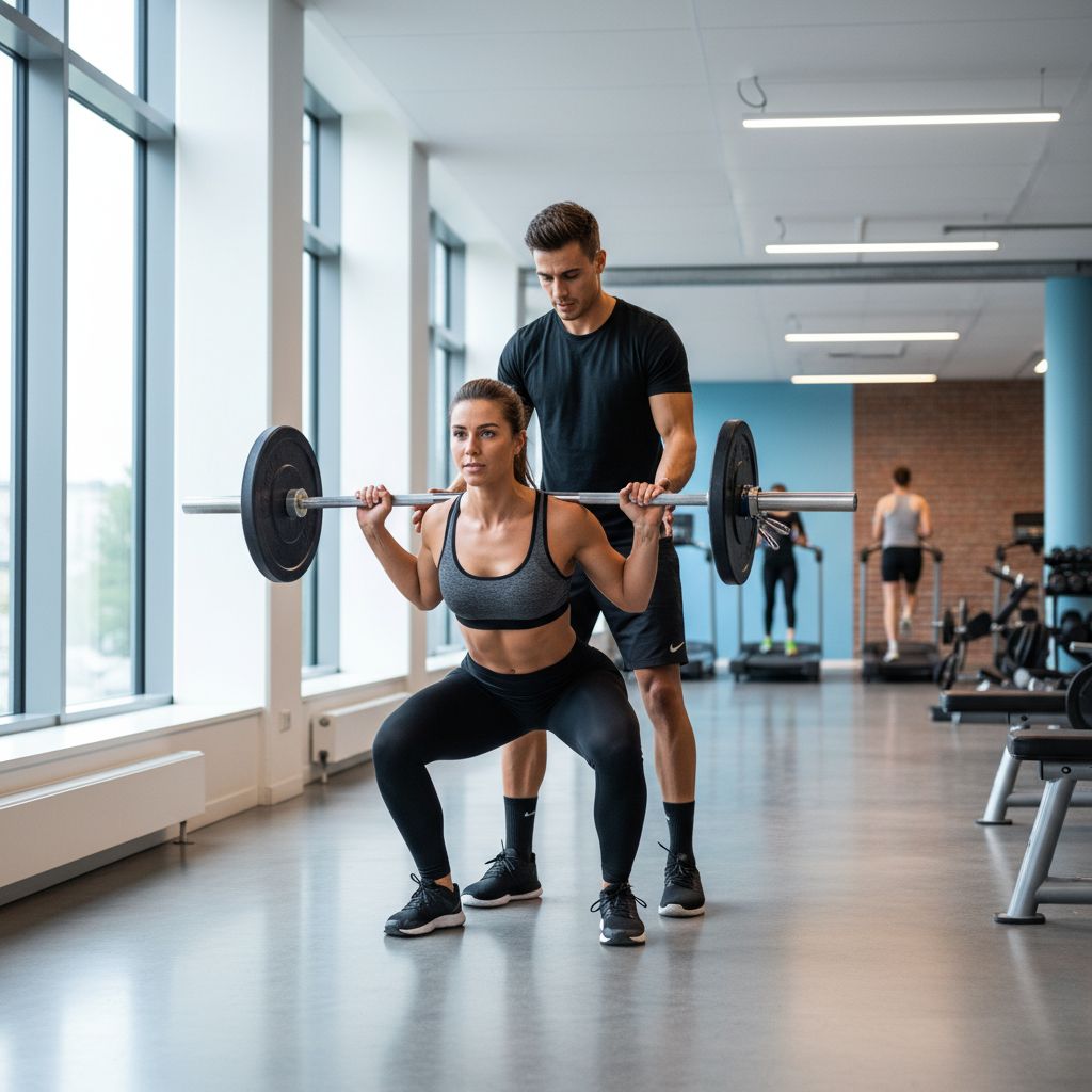 Un coach sportif aidant une femme à effectuer un squat avec une barre dans un centre de fitness moderne et lumineux à Renens.