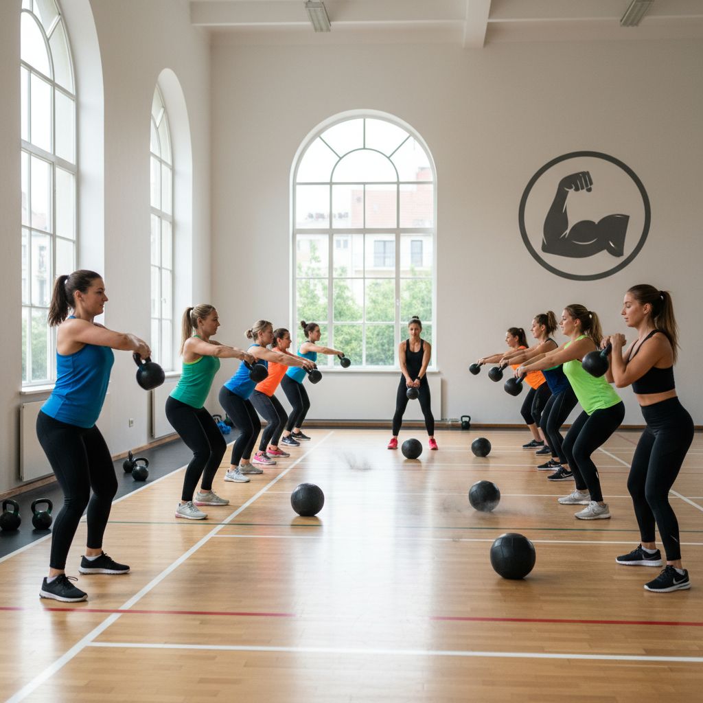 Un cours collectif dynamique dans une salle de sport, avec des personnes de différents âges utilisant des kettlebells et des slamballs.