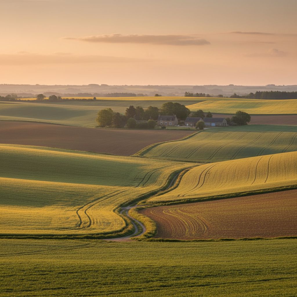 Paysage agricole breton au lever du soleil, avec des champs de cultures diversifiées et une ferme au loin, symbolisant la variété des besoins en matériel en Ille-et-Vilaine.