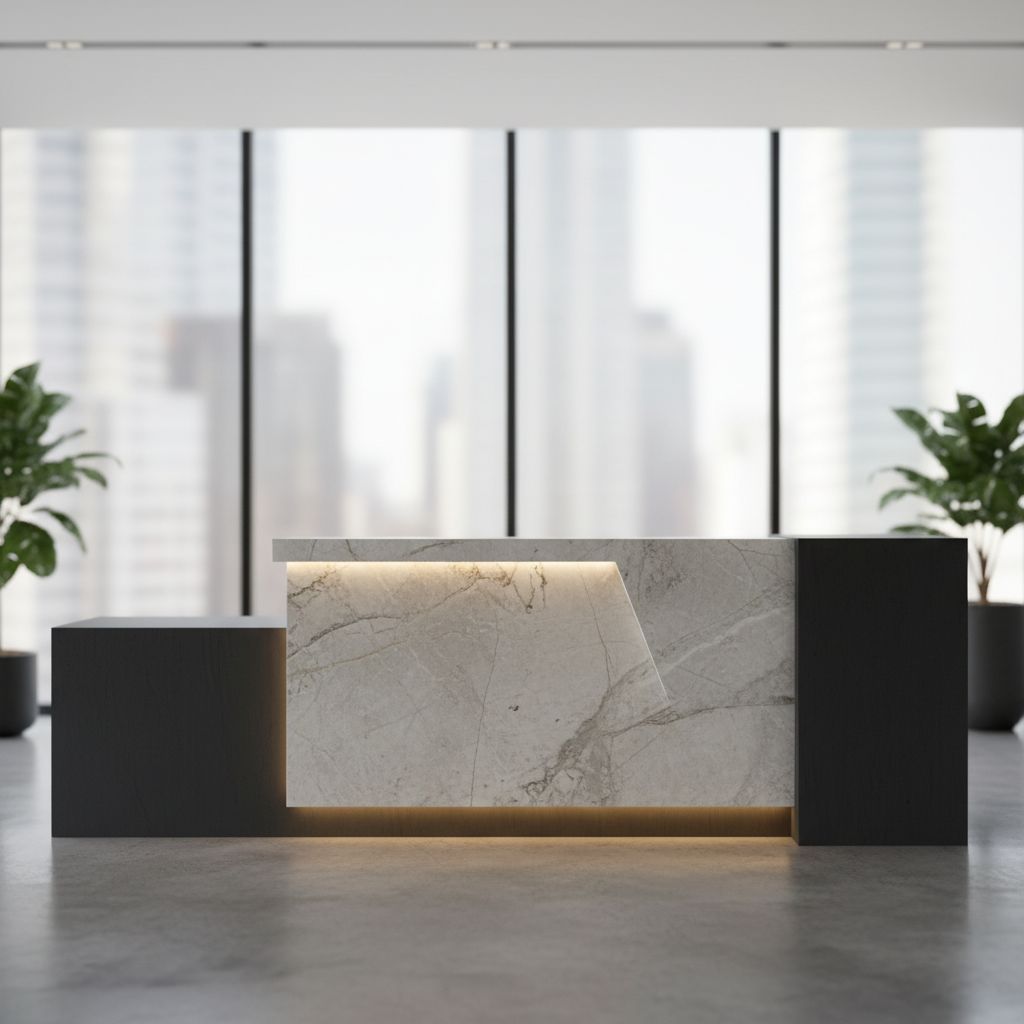 Un bureau de réception sur mesure fabriqué à partir de MDF teinté dans la masse et de pierre naturelle, mettant en valeur la qualité des matériaux et le savoir-faire artisanal.