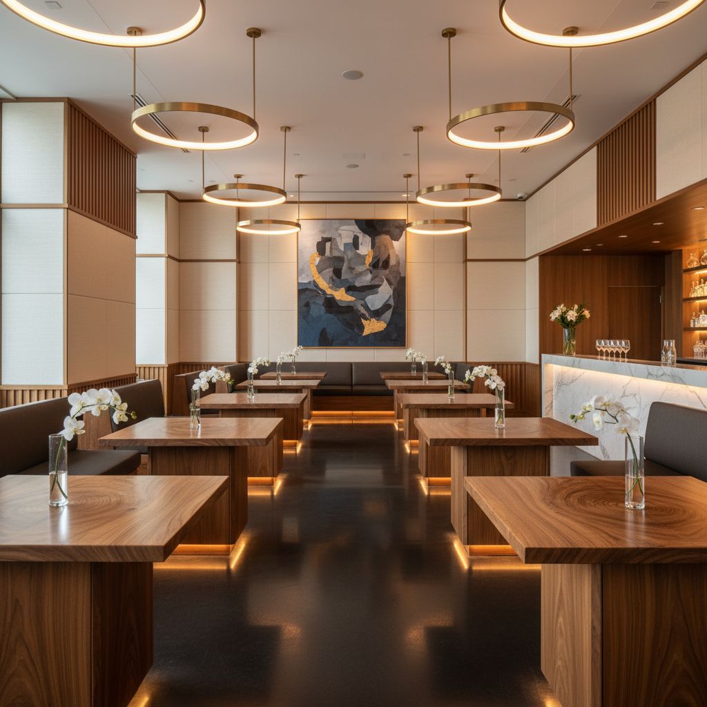 Un intérieur de restaurant élégant et moderne avec des tables en bois sur mesure et un éclairage d