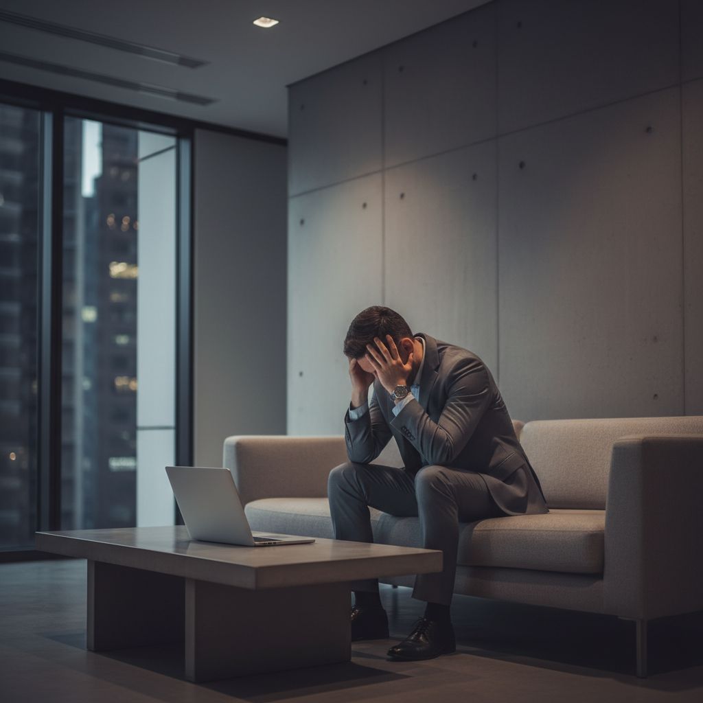 Une personne assise sur un canapé, visiblement épuisée et lasse, la tête dans les mains dans un salon faiblement éclairé.