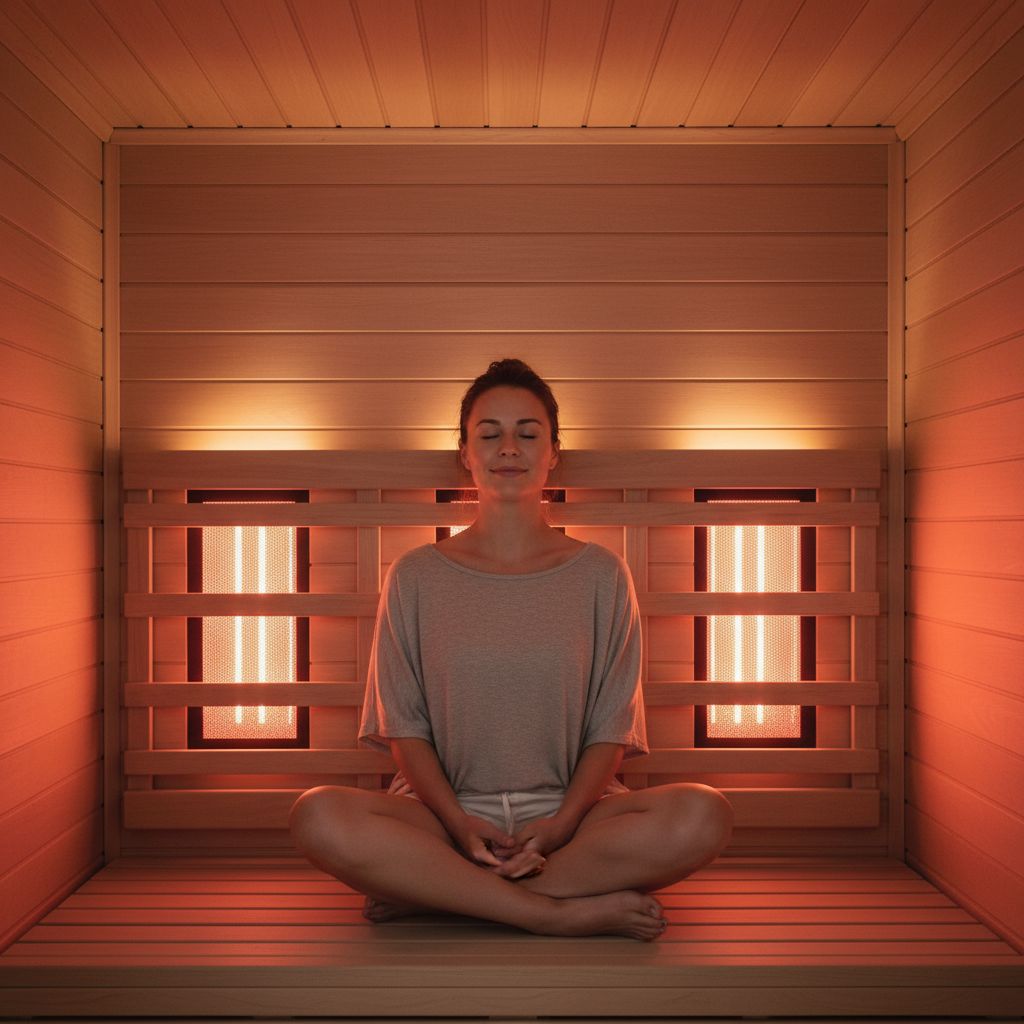Une femme souriante et détendue profitant de la chaleur douce à l'intérieur d'un sauna à infrarouge moderne.