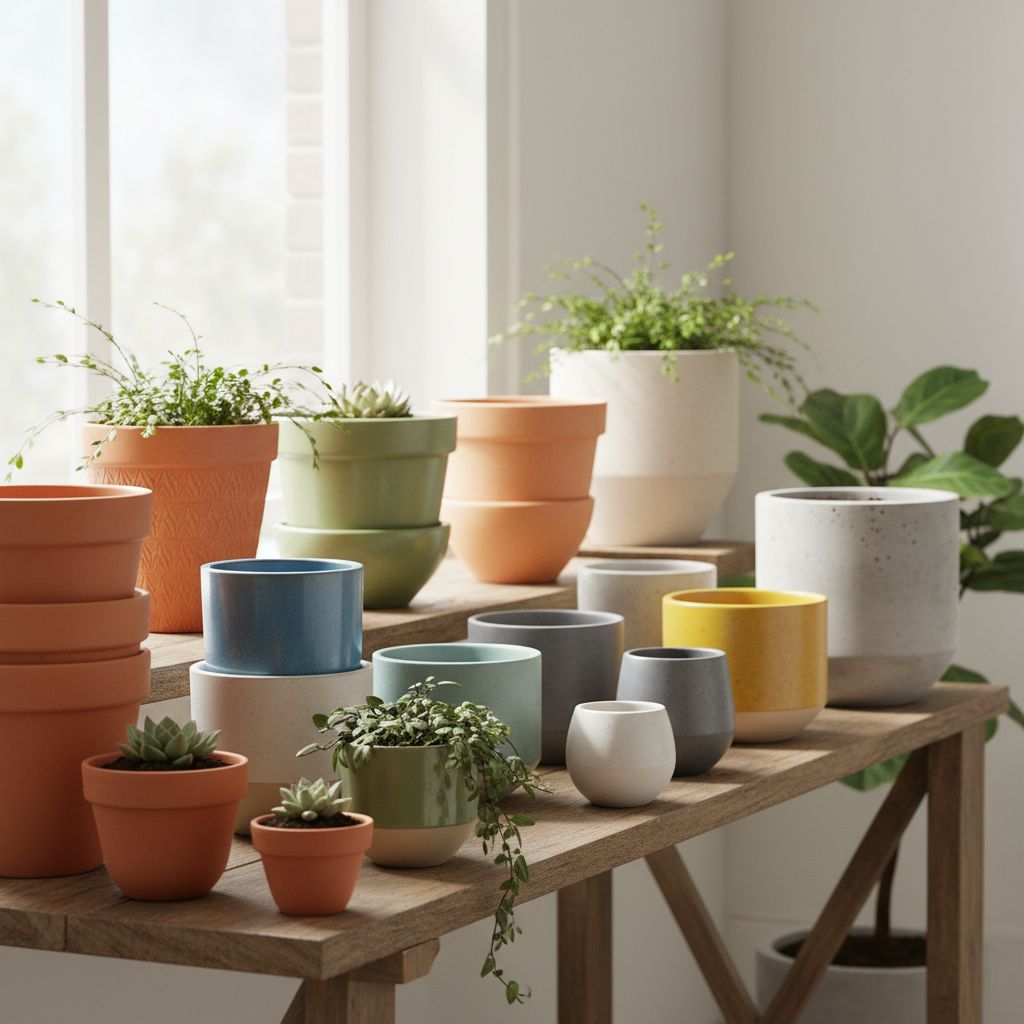Un assortiment de pots de fleurs stylés de différentes matières, couleurs et tailles (terre cuite, céramique, béton) sur une étagère en bois.